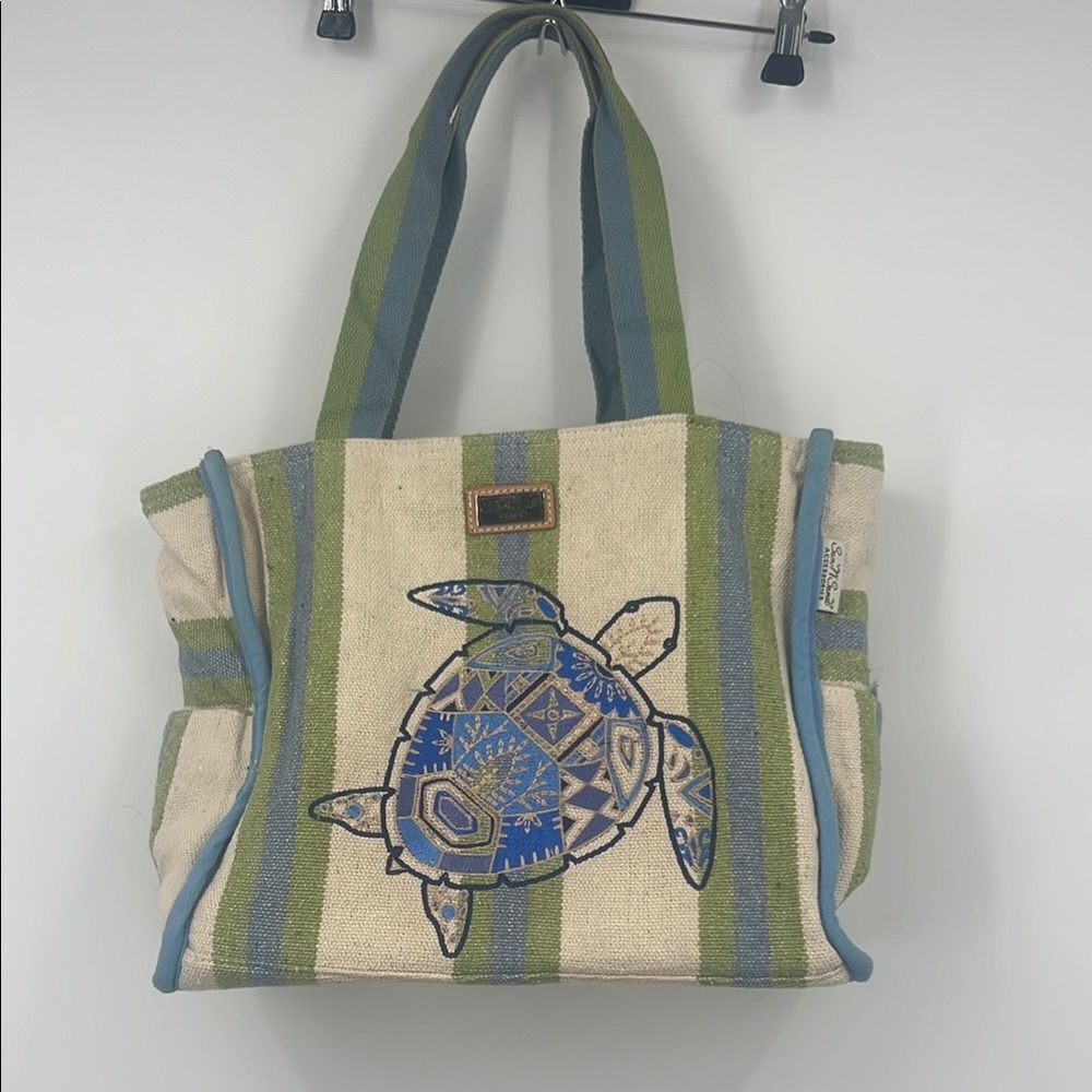 Sun N' Sand Striped Canvas Tote with Turtle Embroidery